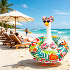 Ciyufavo 23 in Porch Goose Summer Outfit Bikini, Hawaiian Porch Goose Swimsuit Clothes Costume Accessories with Bow Glasses Swim Ring for 23" Summer Goose Garden Patio Statue Decor (Flamingos)