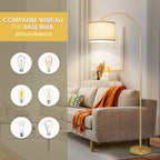 Gold Floor Lamp, Arc Floor Lamp for Living Room with Adjustable Drum Lampshade, Modern Tall Standing Lamp with On/Off Foot Switch, Over Couch Arched Reading Light for Reading, Bedroom, Office