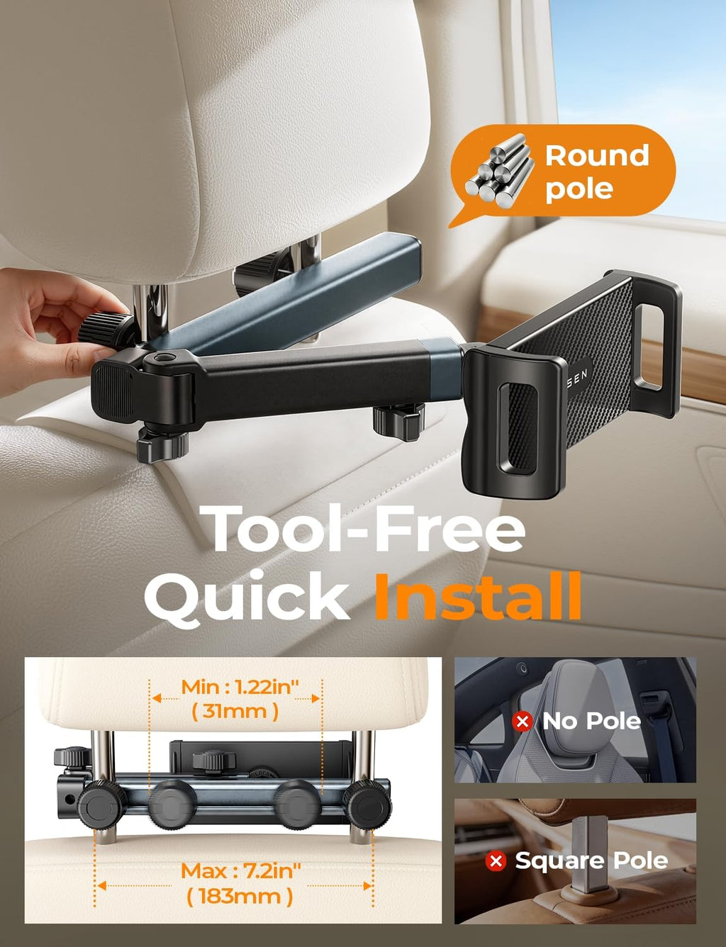 LISEN iPad Holder for Car Tablet Mount, 4 in 1 Adjust Arm Back Seat Stand