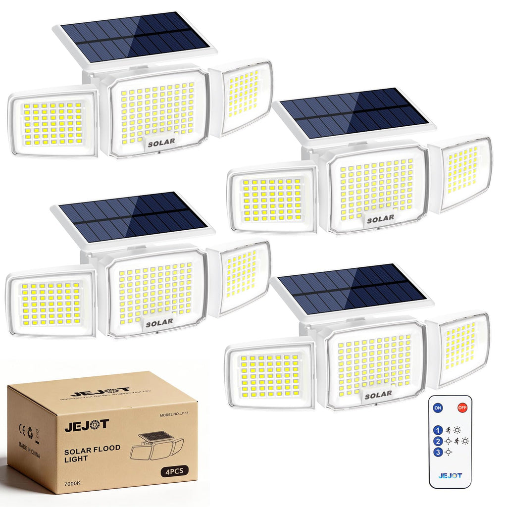 JEJOT White Solar Security Light Outdoor Super Bright LED, Motion Sensor Solar Flood Light, 3 Heads 270° Wide Angle, Remote Control,IP65 Waterproof, 3 Modes (4 Packs)