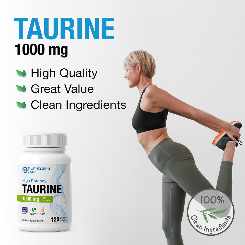 Puregen Labs Taurine 1000mg [High Potency] Total 240 Veg Capsules | No Harmful Additives | Non-GMO, NO Gluten and Dairy - 240 Servings