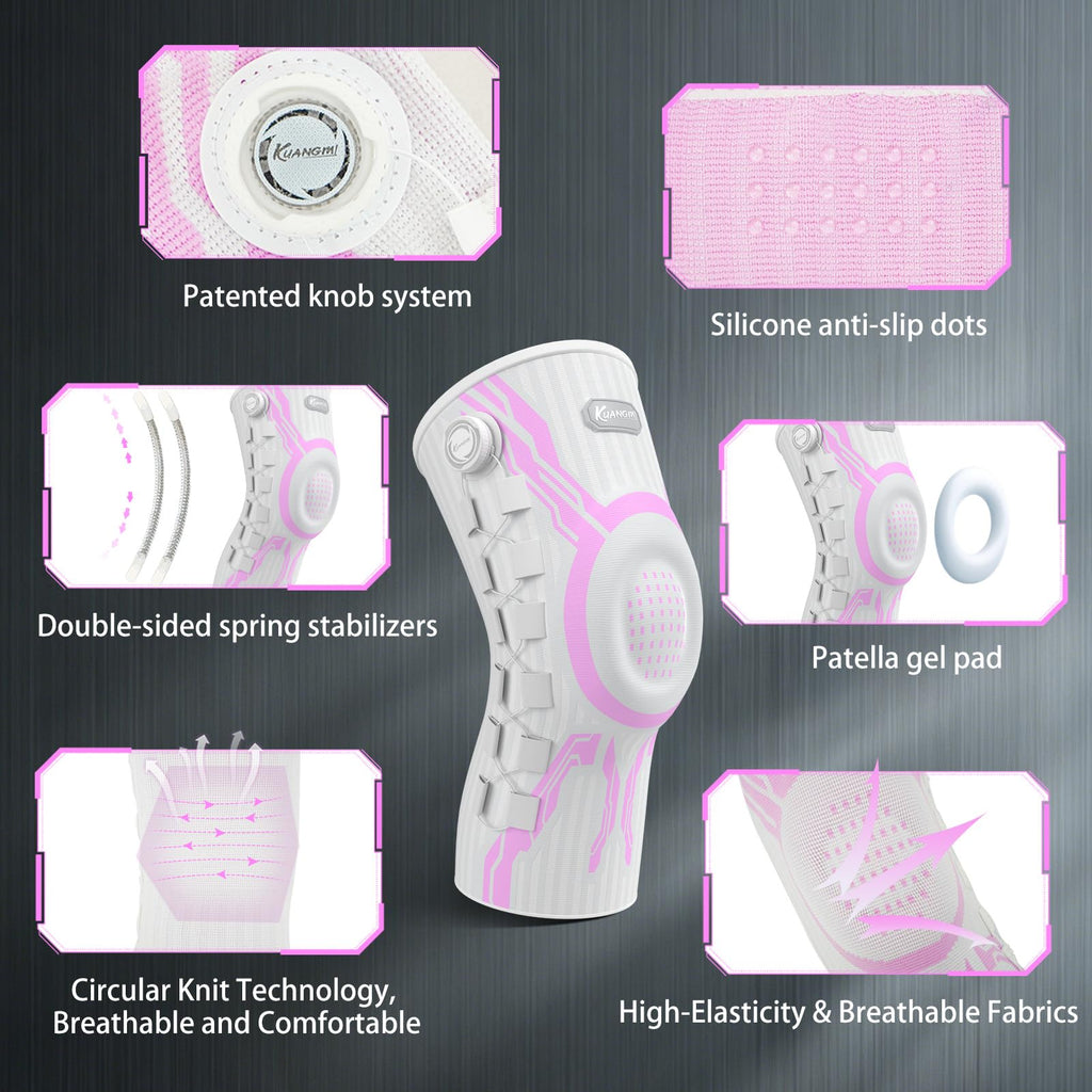 Kuangmi Knob Knee Brace for Pain Relief, Knee Support with Patella Gel Pad & Side Stabilizers, Compression Knee Sleeve for Workout, Arthritis, Joint Pain, Meniscus Tear (Pink White,Left,XX-Large,Single)