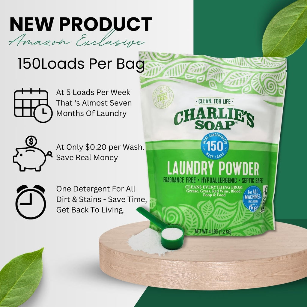 Charlie’s Soap Laundry Powder Detergent (150 Loads, 1 Pack) Fragrance Free Hypoallergenic Deep Cleaning Laundry Detergent Powder – Residue Free, HE Compatible, Septic Safe