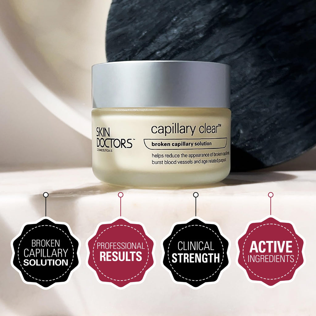 Skin Doctors, Capillary Clear Helps improve the appearance of broken capillaries Reduces the appearance of burst blood vessels help to reduce facial redness and promote an even complexion 50ml