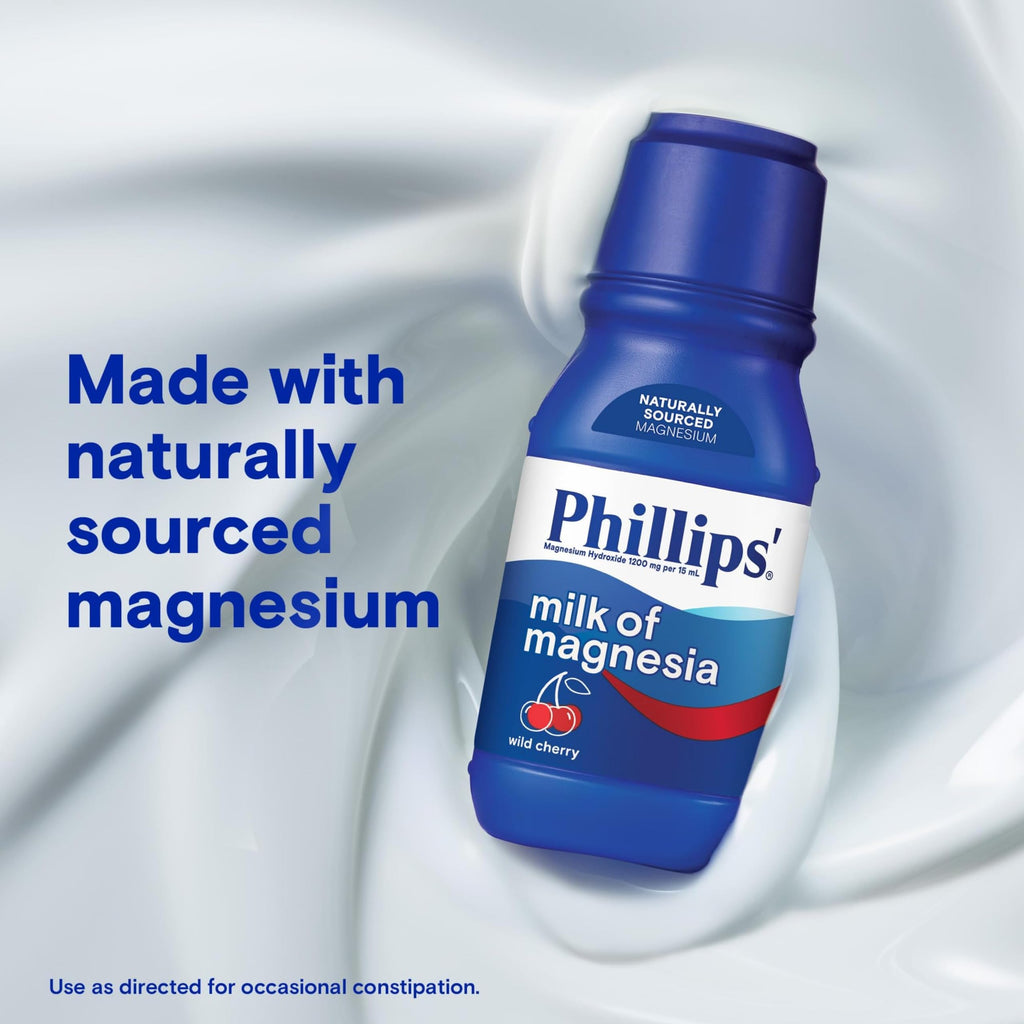 Phillips’ Milk of Magnesia Liquid Laxative, Wild Cherry Flavor, Stimulant Free, Cramp Free Relief of Occasional Constipation*, Effective in 30 minutes - 6 hours, #1 Milk of Magnesia Brand, 26 oz