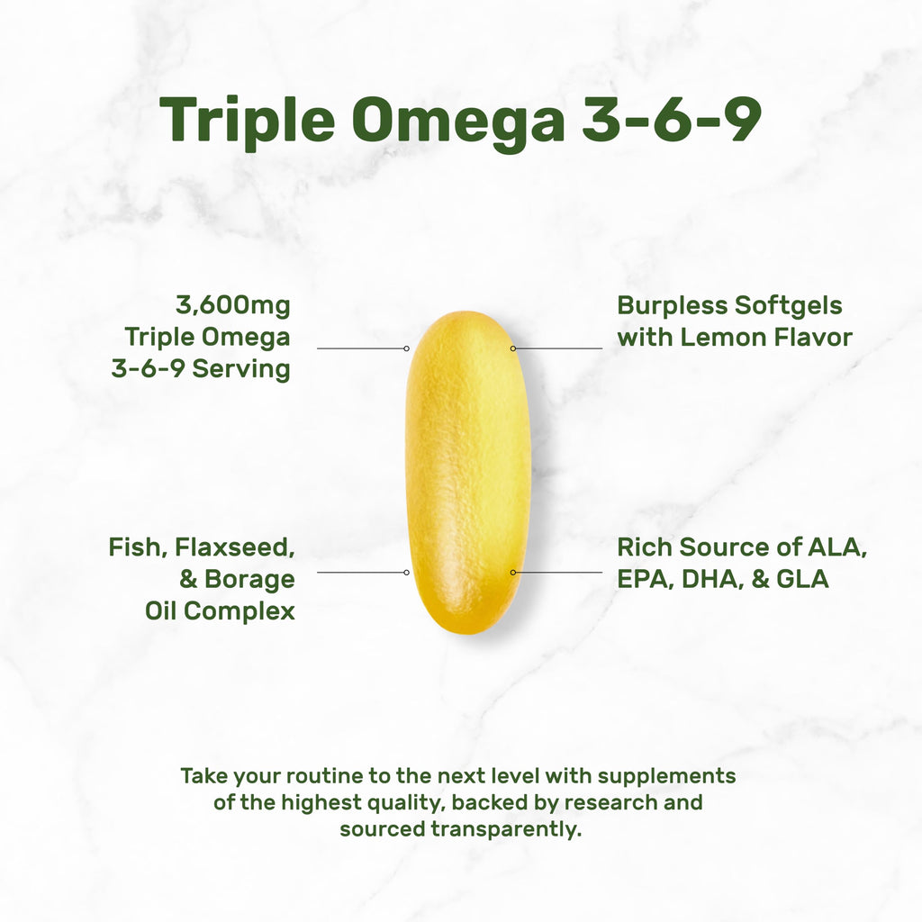 Triple Omega 3-6-9 Fish Oil Supplements 3,600mg – 240 Softgels with Flaxseed Oil & Borage Oils Complex – High EPA + DHA – Burpless Pills, Lemon Flavored, Wild Caught – Heart, Joint, & Brain Support
