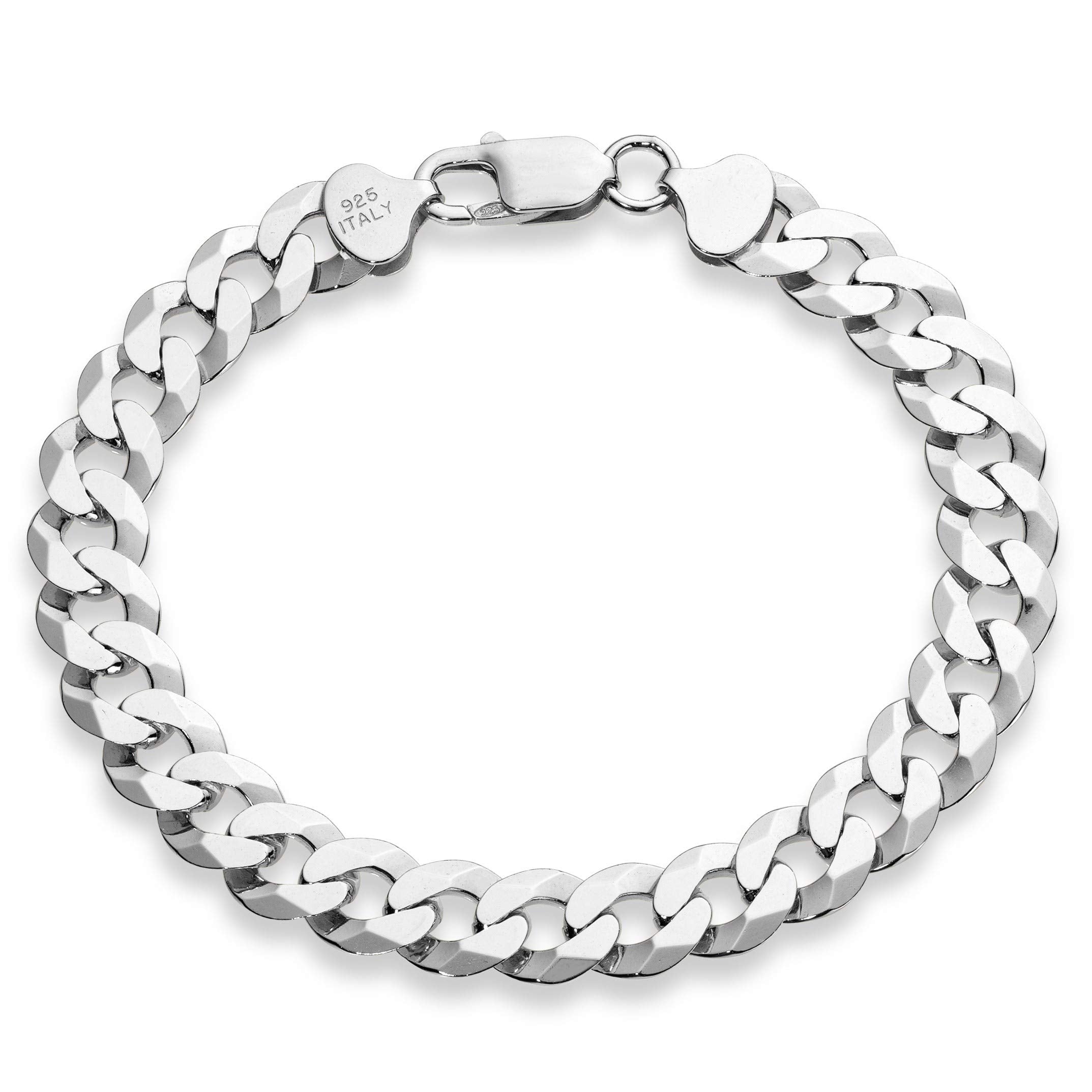 Miabella Italian 925 Sterling Silver Solid 9mm Diamond-Cut Cuban Link Curb Chain Bracelet for Men, Made in Italy (Length 8 Inches)