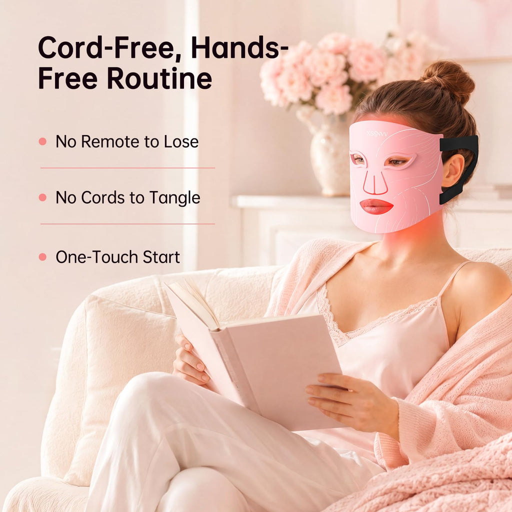 Red Light Therapy for Face – Cordless LED Face Mask with 4 Light Modes (NIR 850nm, Red 630nm, Blue, Amber), 272 LEDs, 10-Min Timer, Rechargeable for Glowing Skin at Home (Pink)