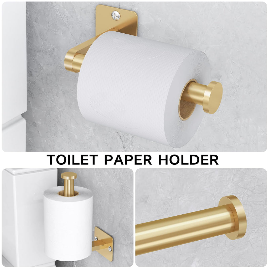 Bathroom Accessories Set, KLJKPA 4 Pieces Gold Bathroom Hardware Set, 24 inch Towel Bar, Towel Racks for Bathroom, Robe Towel Hooks, Toilet Paper Holder Wall Mounted