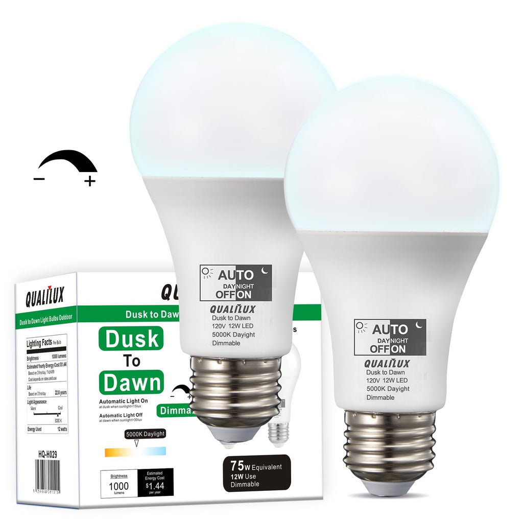 Qualilux Dusk to Dawn Light Bulbs, Auto On/Off Light Sensing LED Bulbs Outdoor, Daylight, Dimmable, 12W 1000LM 75W Equivalent, HQ-H029