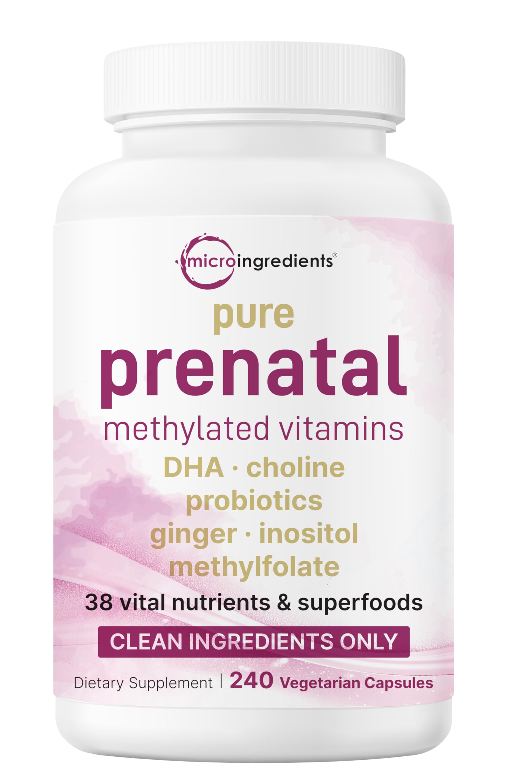 Micro Ingredients Pure Methylated Prenatal Vitamins for Women, 240 Veggie Capsules | 38-in-1 with DHA, Choline, Probiotics, Inositol, & Vitamin C, D, B Complex + Methylfolate, & Iron | No Fillers