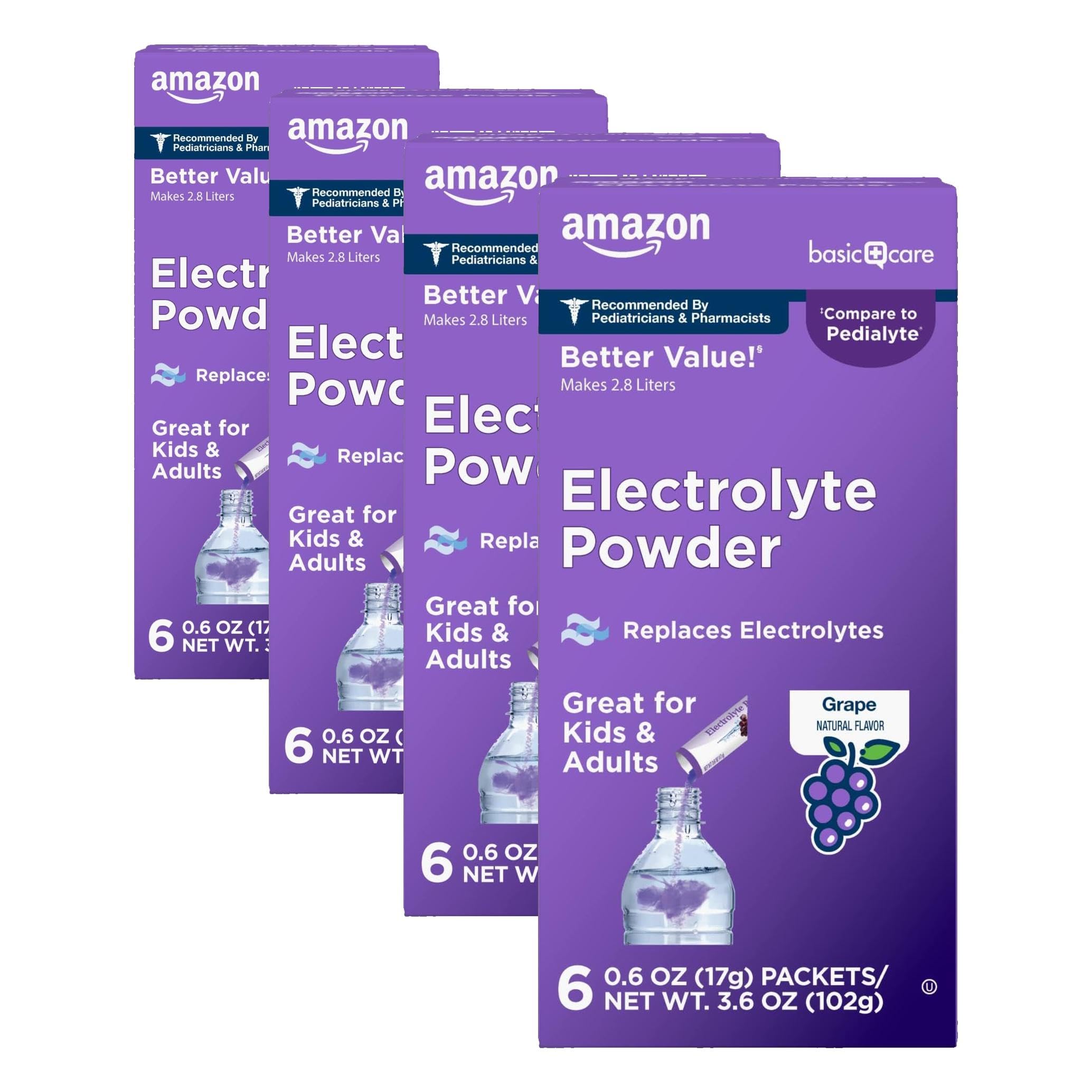 Amazon Basic Care Electrolyte Powder Packets for Rehydration for Kids & Adults, Grape Flavor, 6 Count (Pack of 4)