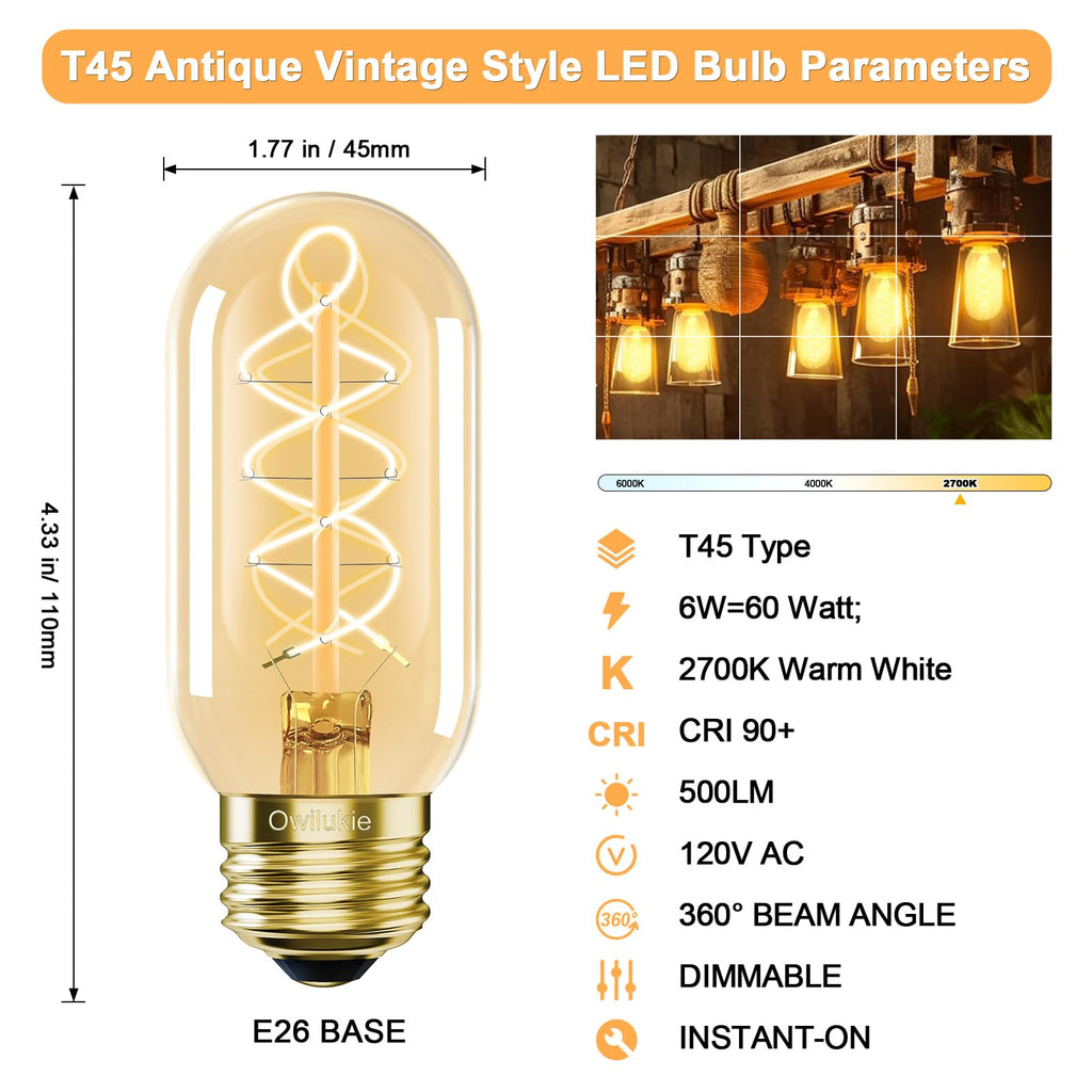 Owilukie E26 LED Bulb 6W Equivalent 60 watt, Vintage Edison Bulbs, Warm White 2700K Amber E26 Edison Bulb dimmable,Tubular T14 T45 LED Light Bulb, AC120V,500lm,CR90+,Glass,Pack of 4