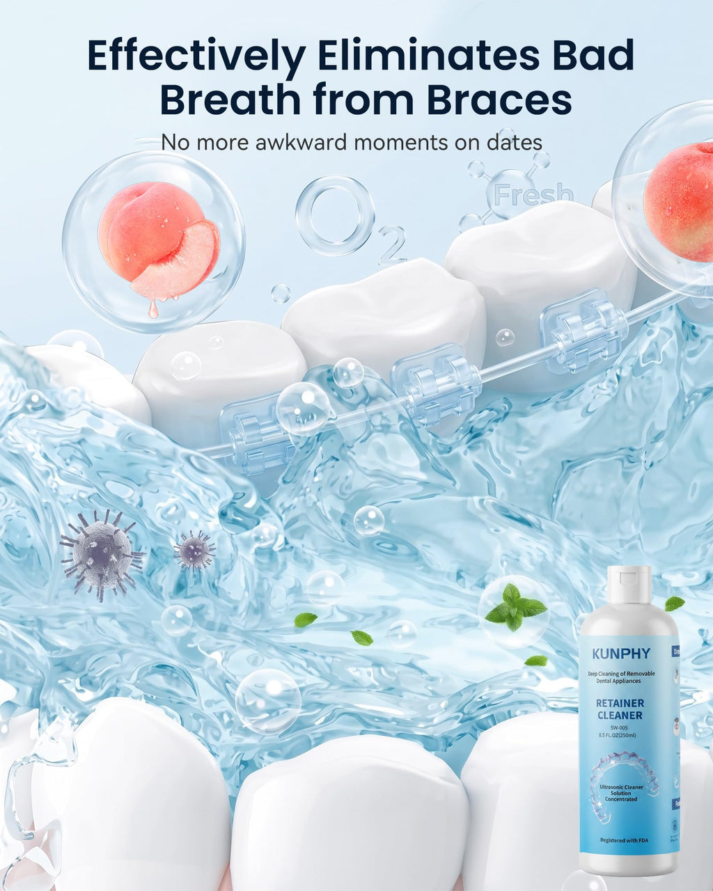 Ultrasonic Retainer Cleaner Solution for Ultrasonic Denture Cleaner-Professional Cleaning of Retainers, Invisible Aligners, Mouth Guards, Night Guards, Remove Odors, Discoloration & Stains 8.5oz