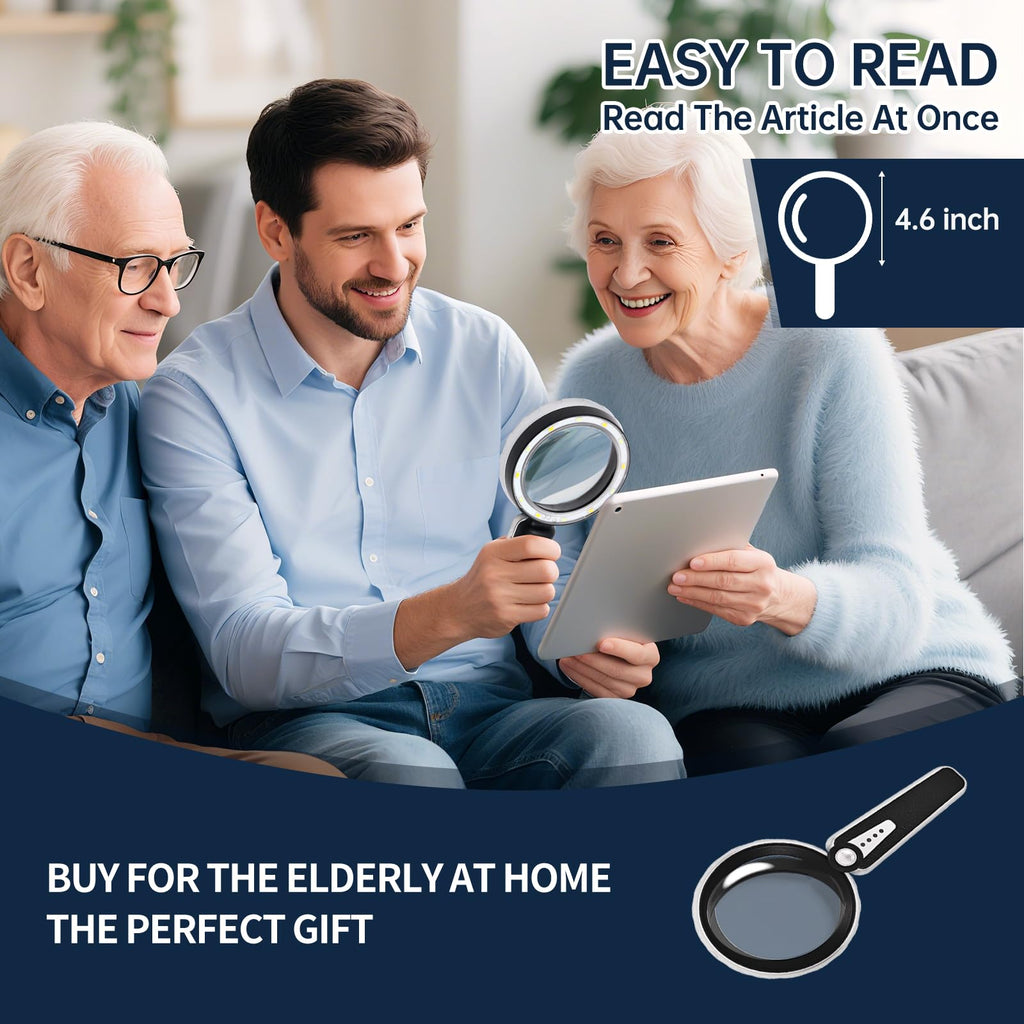HUIBOER 45X Magnifying Glass with Light, 4.6 Inch 1200mAh USB Rechargeable Large Handheld Magnifier, 6 Color Modes, Perfect for Low Vision Seniors, Macular Degeneration & Fine Print (Black)