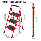 KINGRACK Step Ladder, Folding Ladder with Non-Slip and Wide Pedal, Small Ladder with Handle, Heavy Duty Steel Stool, Lightweight Step Ladder (Red, 3 Step Stool)