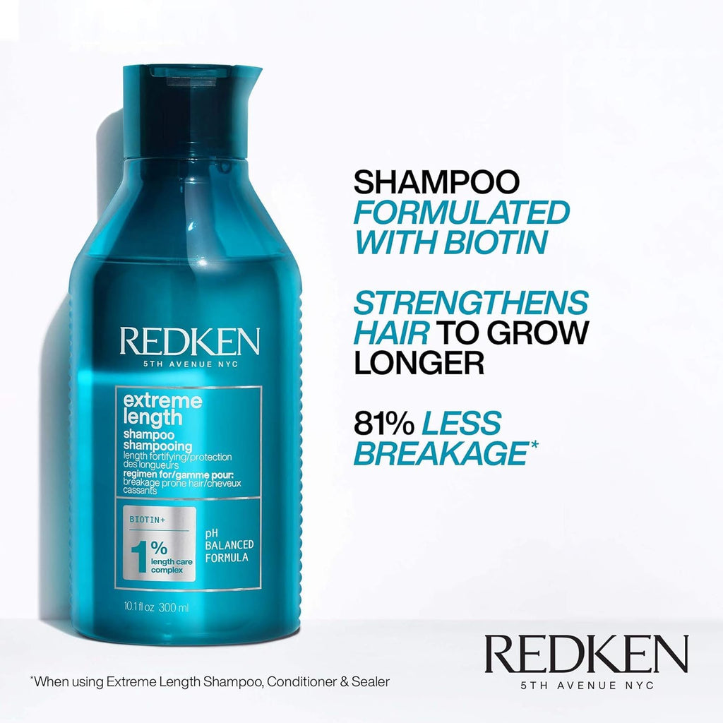 Redken Extreme Length Shampoo For Damaged Hair - Prevents Breakage and Strengthens Hair, Infused With Biotin For Hair Growth, 33.8 Fl Oz