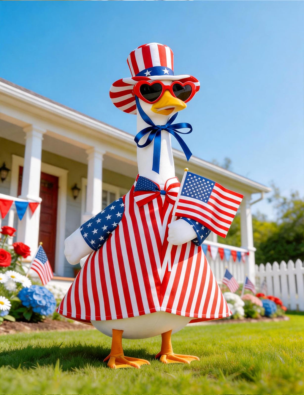 bomis Veterans Day Patriotic Porch Goose Outfits for 23 Inch Lawn Statue – Veteran Tribute Goose Costume with Red Heart Sunglasses, Star‑Striped Top Hat, Handheld American Flag