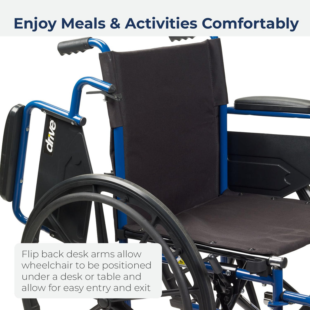 Drive Medical Blue Streak Lightweight Foldable Wheelchair - Enhanced Mobility Support - Durable Construction - Padded Comfort - Swing-Away Leg Rests - Desk Arms - Blue/Black - 20 Inch Seat