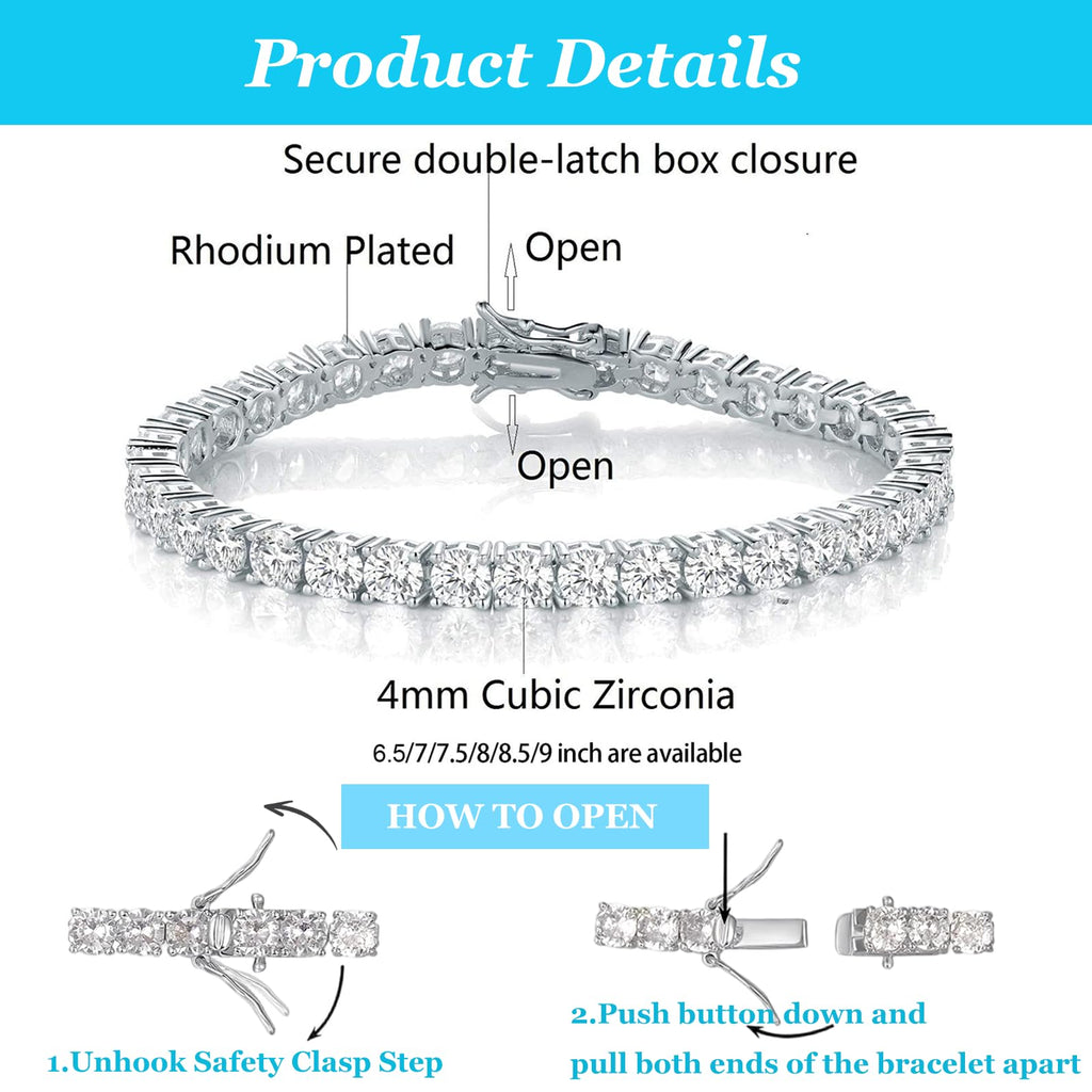 Gemsme 4.0MM Tennis Bracelets for Women - 18K White Gold Plated 4mm Round Cut Cubic Zirconia Classic Tennis Bracelet for Women/Men 7 inch