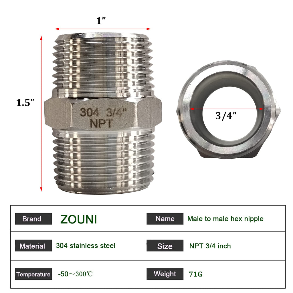 4PCS 3/4" x 3/4" NPT Male Hex Nipple Pipe Fittings, 304 Stainless Steel 3/4 inch MNPT Threaded Pipe Adapter Fittings Equal Nipples Straight Connector