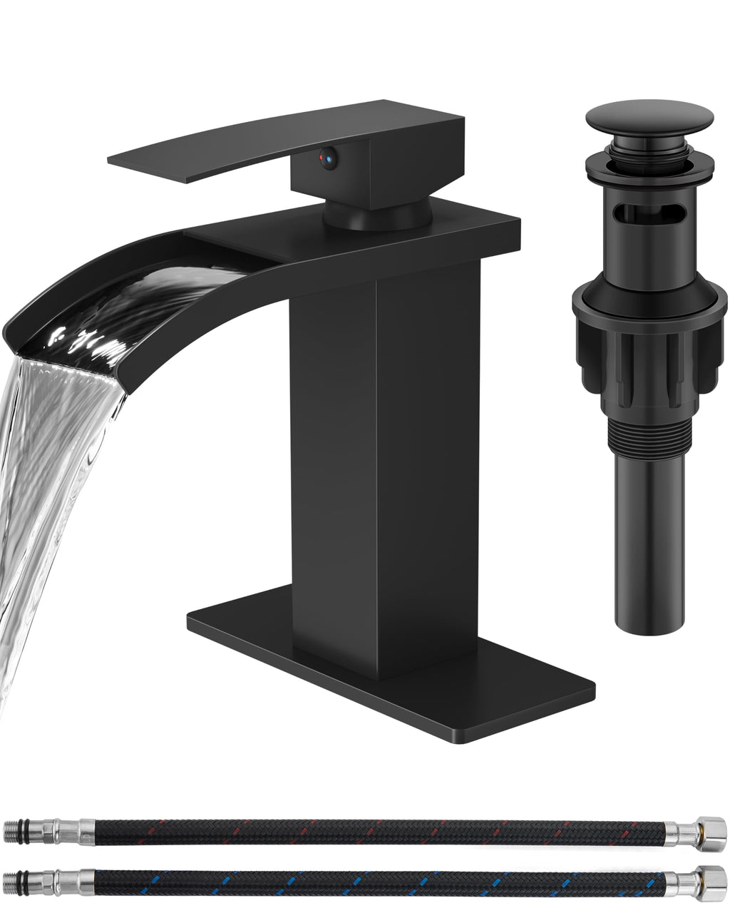 GBBNE Waterfall Bathroom Faucet 1 Hole, Single Hole Bathroom Faucet, Single Handle Vanity Sink Faucet with Deck Plate, Pop-up Drain & Supply Lines, Matte Black