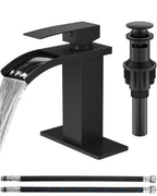 GBBNE Waterfall Bathroom Faucet 1 Hole, Single Hole Bathroom Faucet, Single Handle Vanity Sink Faucet with Deck Plate, Pop-up Drain & Supply Lines, Matte Black
