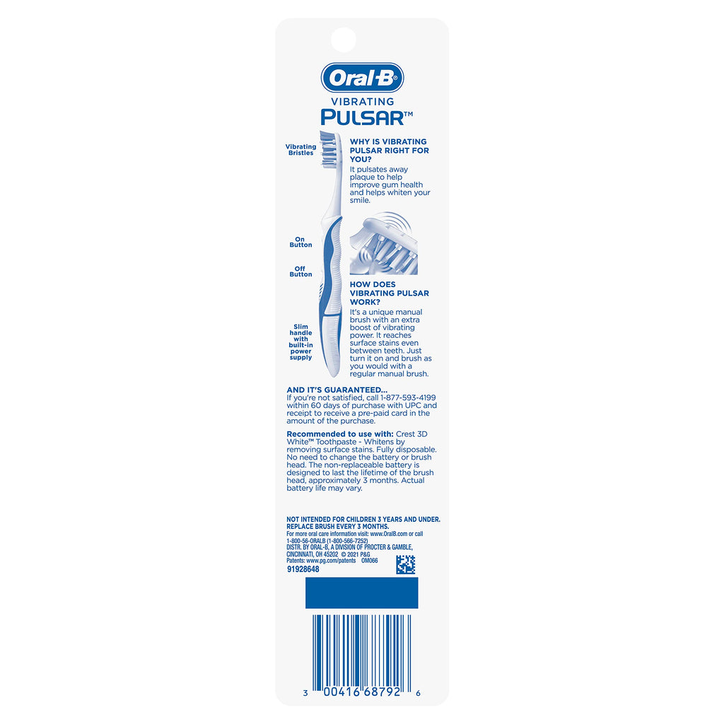 Oral-B 3D White Pulsar, Battery electric toothbrushes, 2 count SOFT toothbrush pack, removes stains, whitens teeth, travel essentials tooth brush