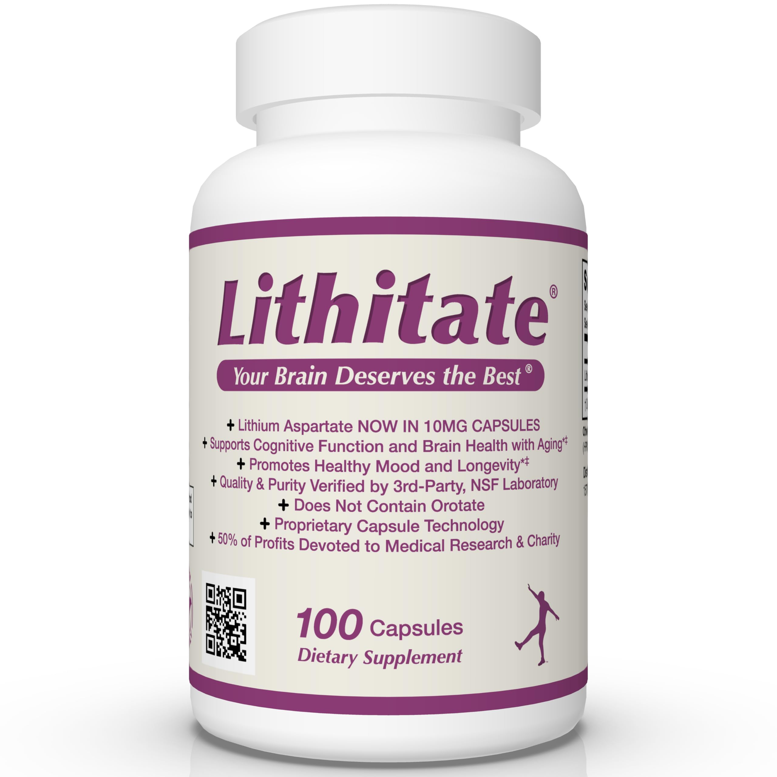 lithitate Lithium Aspartate 10mg | Supports Cognitive Function & Brain Health with Aging | NSF Certified | Promotes Mental Clarity, Healthy Mood & Longevity | Natural Supplement | 100 Capsules