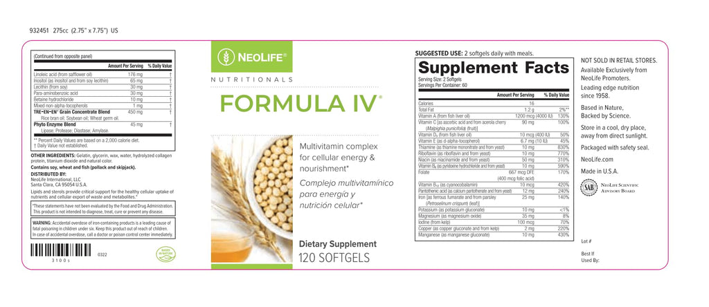 NeoLife - Formula IV Softgel - Vitamins A, C, D, E, B Complex, Multivitamins & Multi-Minerals, Multivitamin for Women & Men, TRE-EN-EN Grain Blend Supplements, Phyto Enzyme Blend - 120 Softgels