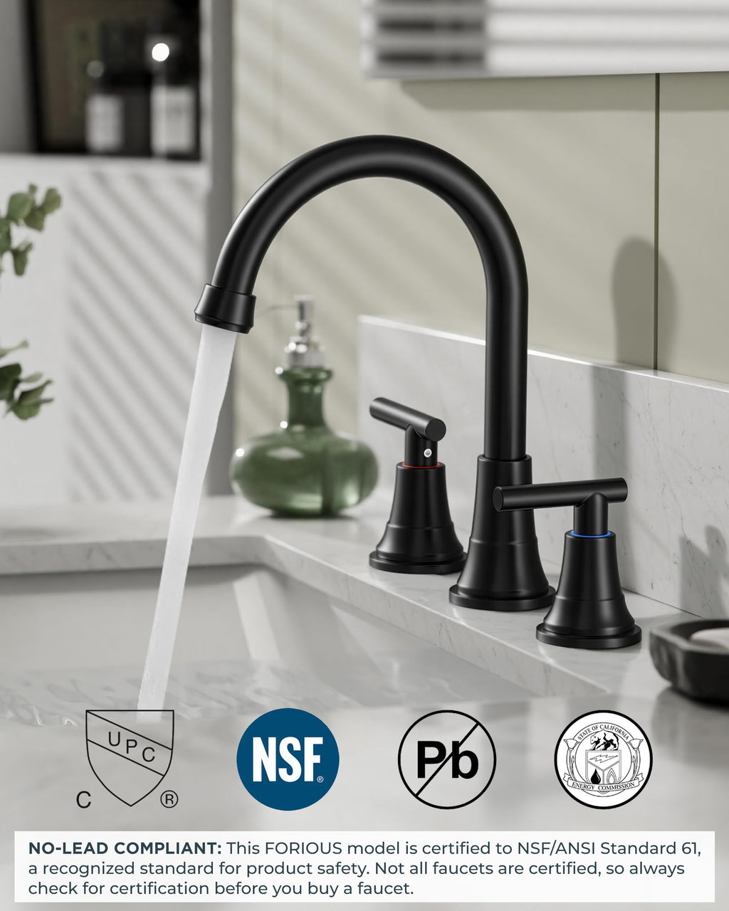 FORIOUS Black Bathroom Faucet 3 Hole Vanity, 2 Handle 360° Swivel Matte Black 8 Inch Widespread Bathroom Sink Faucet 3 Holes, with 360 Degree Rotating Spout, Pop-up Drain, Supply Lines