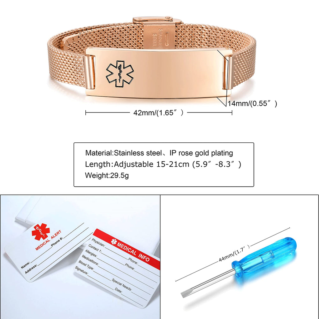 VNOX Medical Alert Bracelets for Men & Women with Free Engraving Adjustable Stainless Steel Mesh Emergency Medical ID Bracelets Wristband,Rose Gold