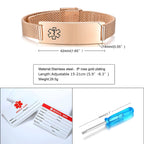 VNOX Medical Alert Bracelets for Men & Women with Free Engraving Adjustable Stainless Steel Mesh Emergency Medical ID Bracelets Wristband,Rose Gold