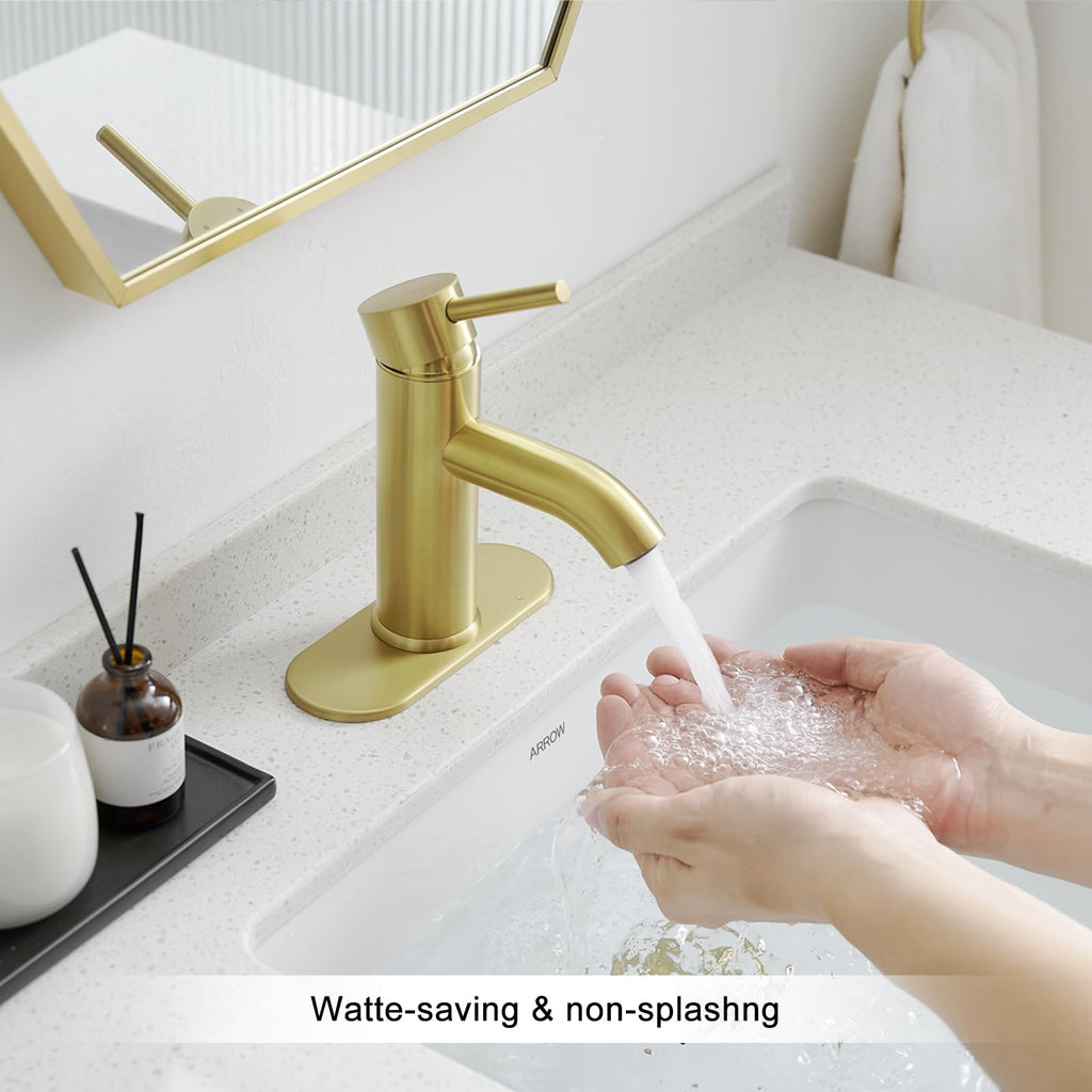 Brushed Gold Bathroom Faucets, Modern Single Hole Lavatory Vanity Faucet, Single Handle Bathroom Sink,Faucet, Faucet for Bathroom Sink with Deck Plate and Supply Hoses