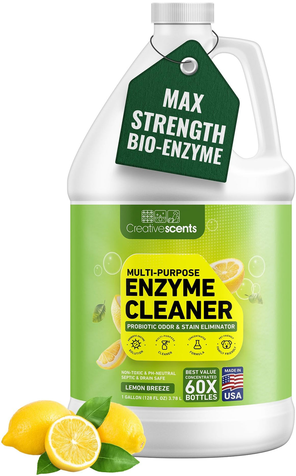 Creative Scents Multipurpose Enzyme Cleaner & Odor Remover | Super Concentrated for Floor, Carpet | Pet Urine Odor Eliminator | Enzymatic Cleaner for Cat Urine & Dog Poop | 1 Gallon - Lemon Breeze