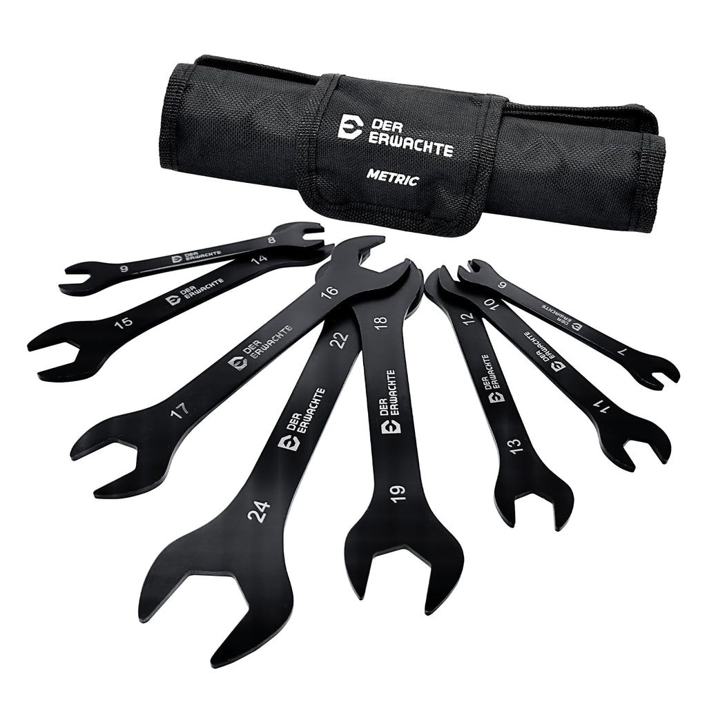 Der Erwachte Super-Thin Open End Wrench Set, Metric, 8-Piece,6mm to 24mm, Black Electrophoretic Coating, with Rolling Pouch