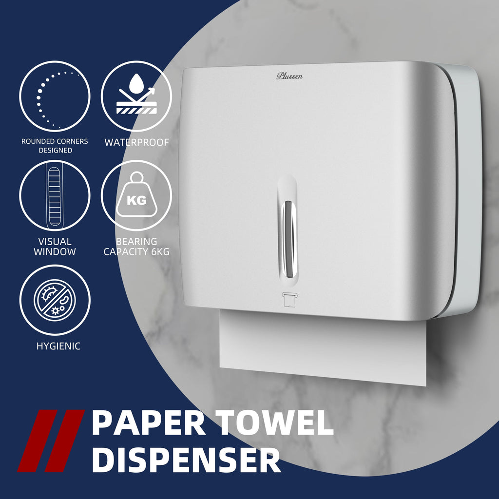 PLUSSEN Paper Towel Dispenser Wall Mount Commercial & Home Use ABS Matte Silver Gray with Window Holds 200 C/Z/Multi-Fold Towels Includes Hardware & Key Bathroom Paper Towel Holder