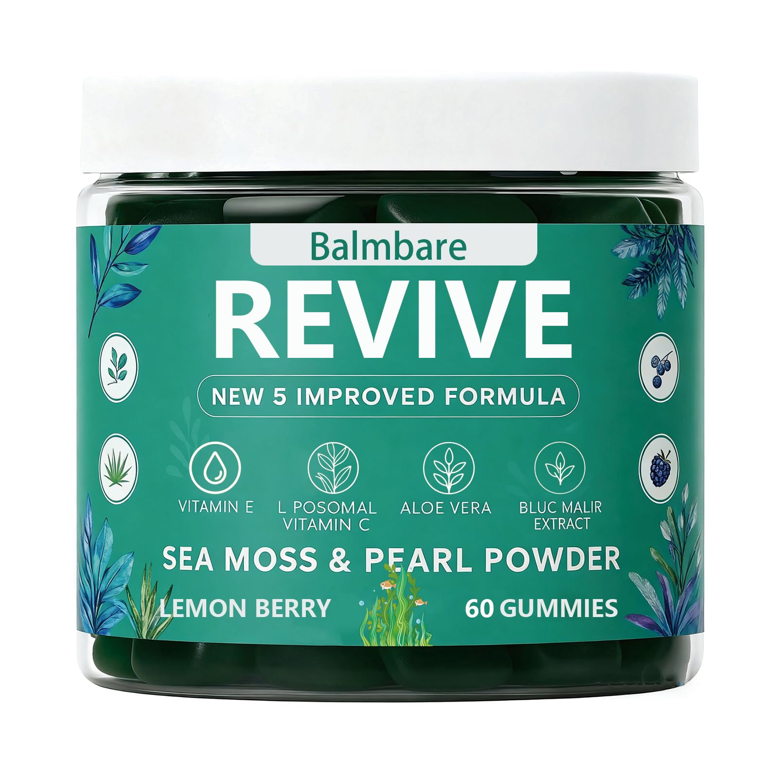 Balmbare Revive Gummies for Hair Loss, with Organic Irish Sea Moss Pearl Powder, Vitamins C & E, Aloe Vera - Supports Healthy Hair, Skin & Nails Growth (1pcs)