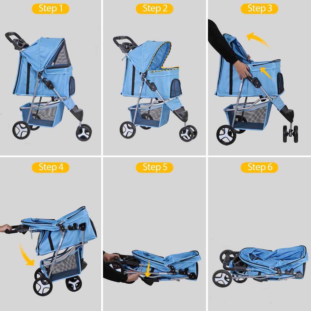 Foldable Pet Stroller for Cats and Dogs 3 Wheels Carrier Strolling Cart with Weather Cover, Storage Basket + Cup Holder (Blue)