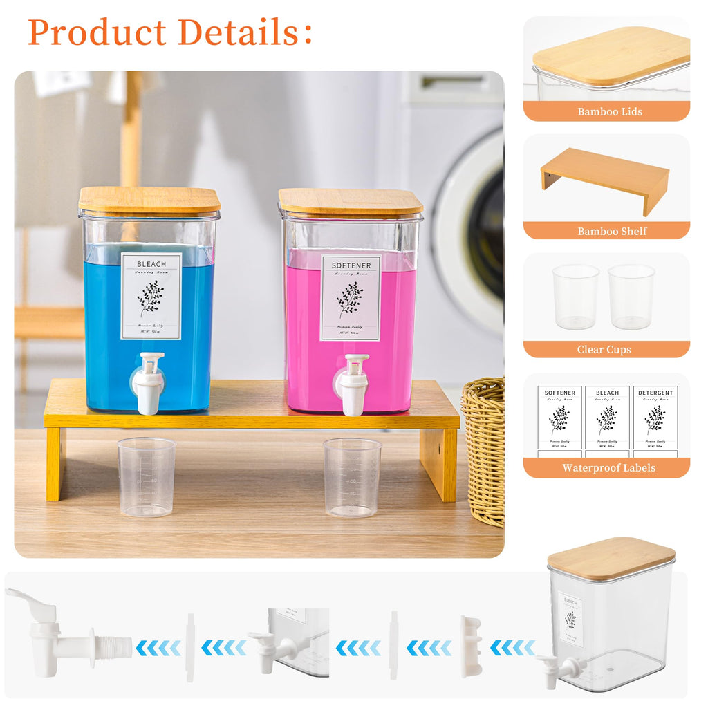 RoleDes Liquid Laundry Detergent Dispenser Set with Shelf and Bamboo Lids for Laundry Room Organization and Storage - 2 Pack 96 oz Laundry Containers for Laundry Soap, Fabric Softener