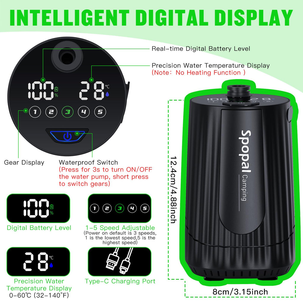 Portable Shower for Camping, [Upgraded] Spopal 10000mAh Rechargeable Camping Shower with 5 Adjustable Speeds,Premium LED Display, IPX8 Waterproof Outdoor Shower Kit for Hiking, Car, Pet, Travel (BK)