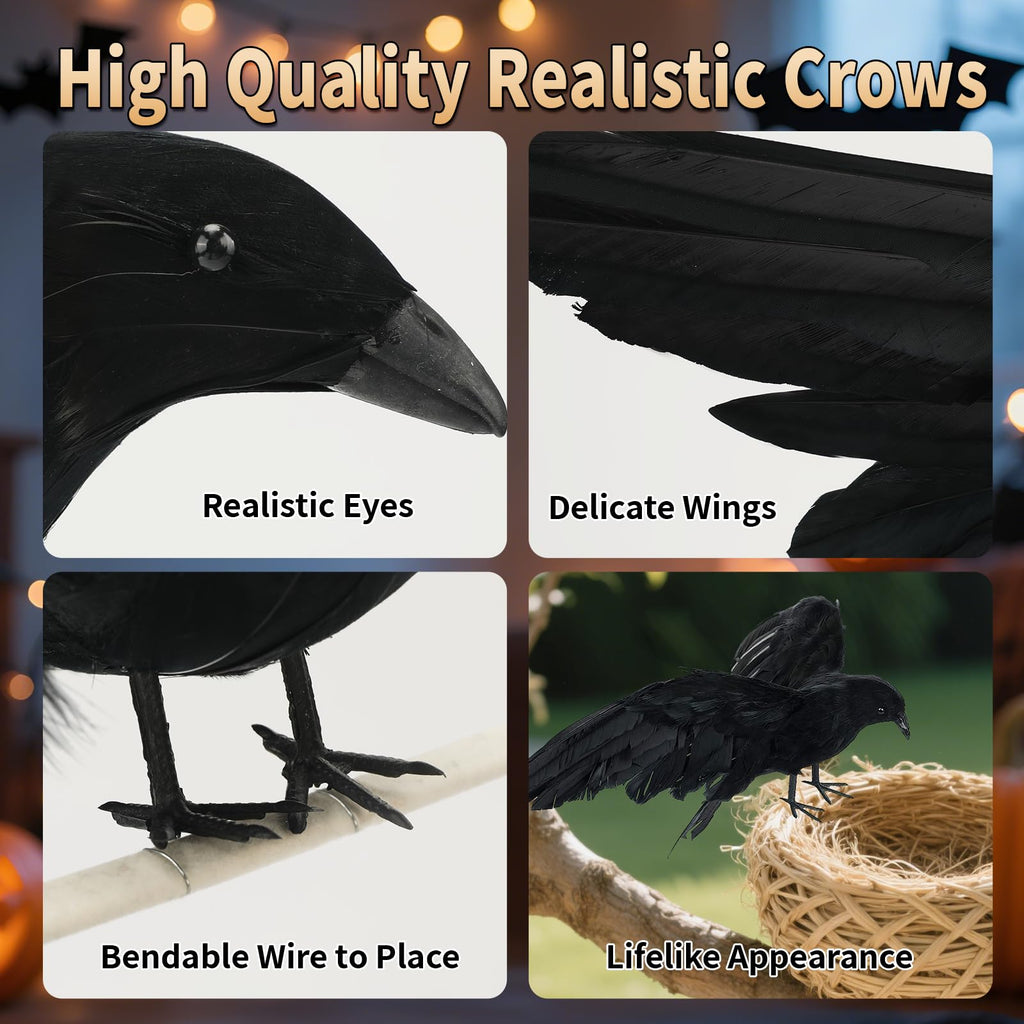 Black Fake Crows Halloween Decorations, 2 Pcs Large Realistic Feather Crows