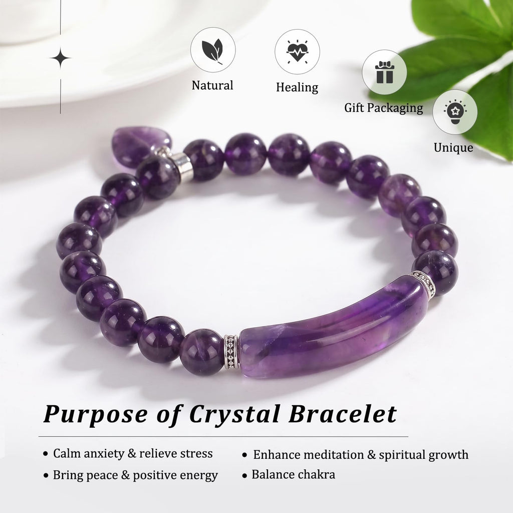 TUMBEELLUWA Purple Amethyst Healing Crystal Bracelet with Heart Charm
