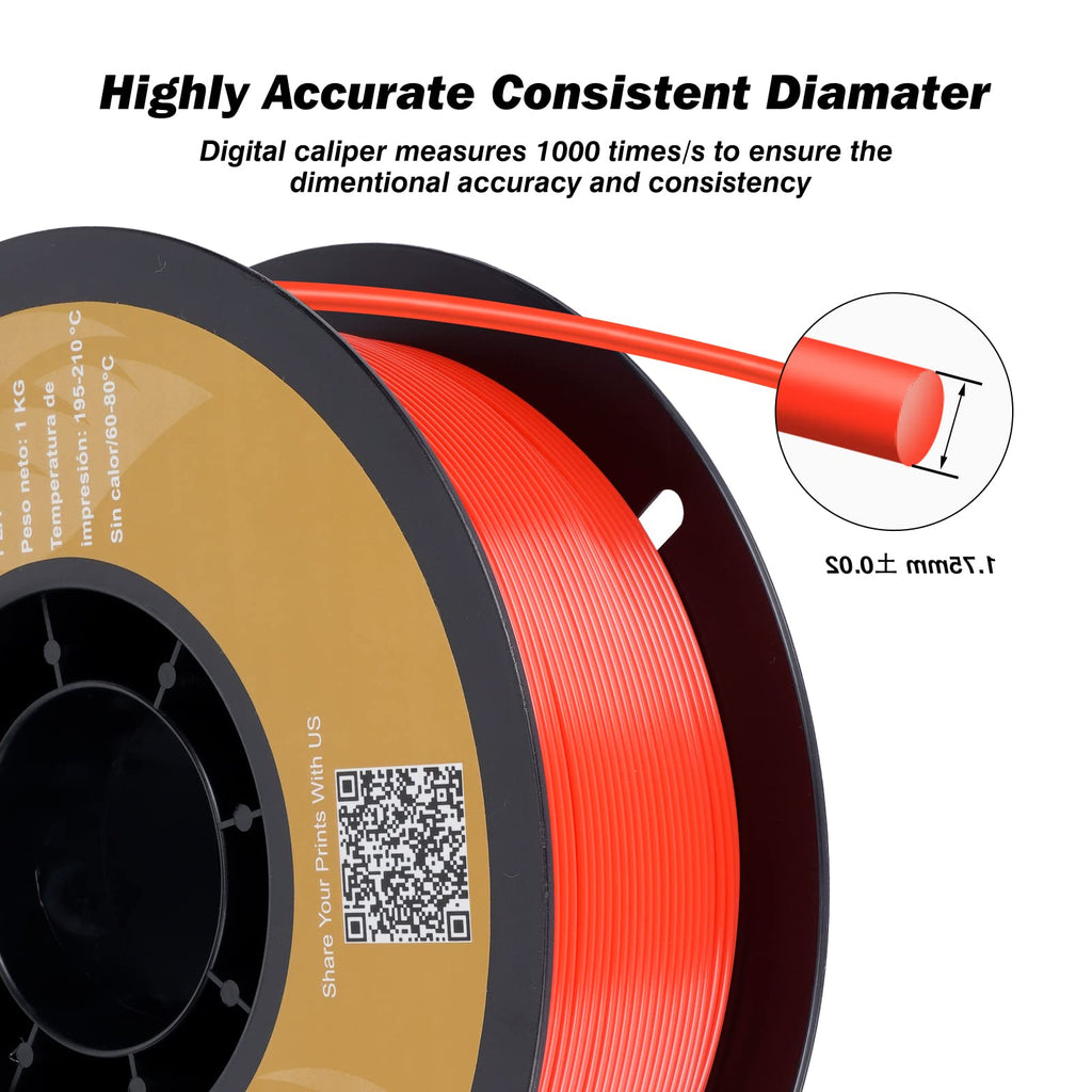 Kingroon PLA 3D Printer Filament, Dimensional Accuracy +/- 0.02 mm, 1 kg Spool(2.2lbs), 1.75 mm，Red