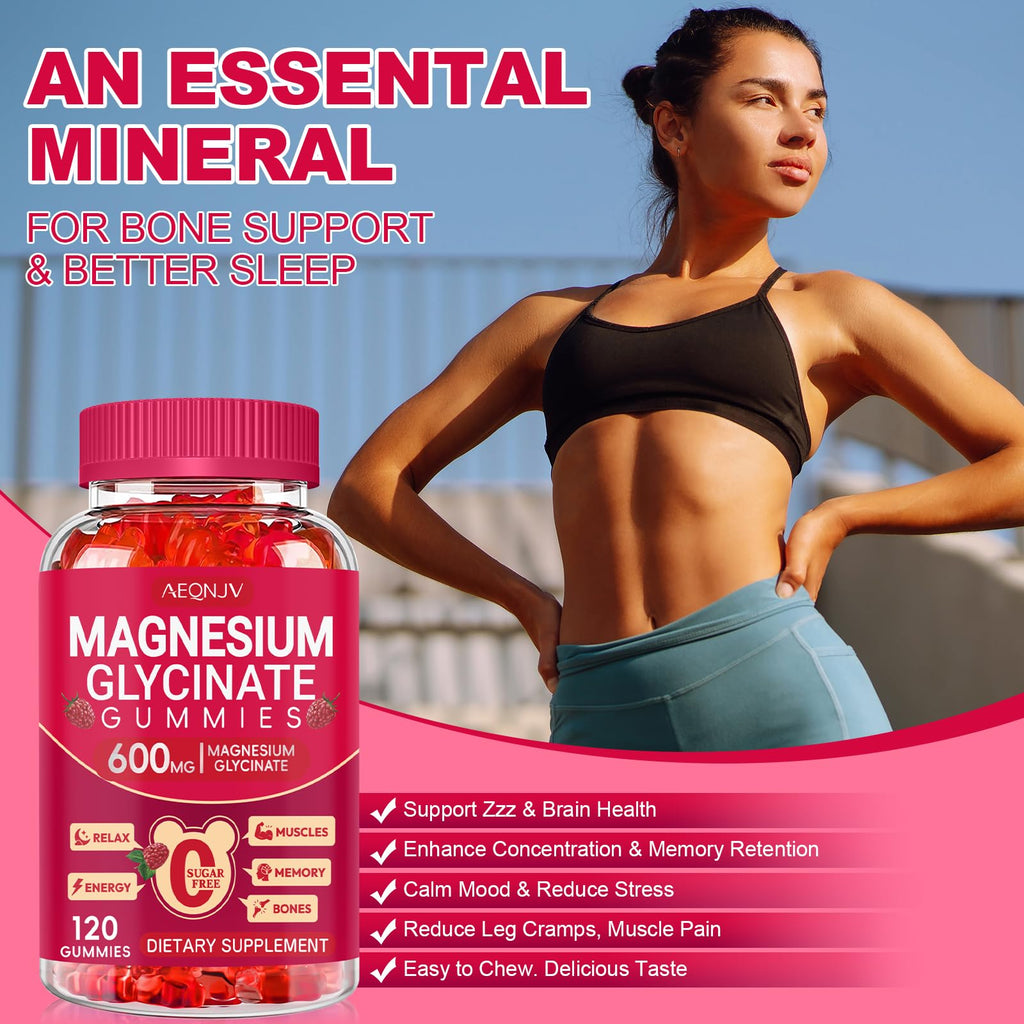 Magnesium Glycinate Gummies 600mg, Sugar Free Magnesium Gummies for Adults, Chewable Potassium Supplements for Body Support, Zzz and Relaxation, 120 Count
