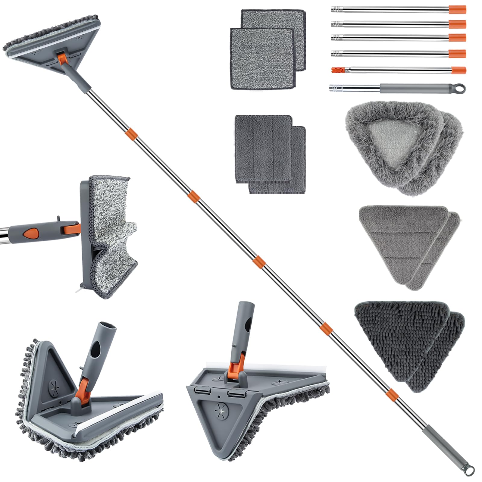 UIMO Wall Cleaner Mop with 94" Long Handle, 2-in-1 Triangle & Rectangle Head with Squeegee, 10 Washable Pads, Baseboard Cleaner Tool for Walls Scrubber, Ceilings, Windows, Glass, Fans, Doors, Corners