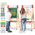 JOYOOSS Kids Wooden Easel with Paper Roll - Adjustable Magnetic Double Sided Drawing Board Whiteboard & Chalkboard Dry Easel Board,Children Art Easel for 3~12 Years Kids Boys Girls Painting Drawing