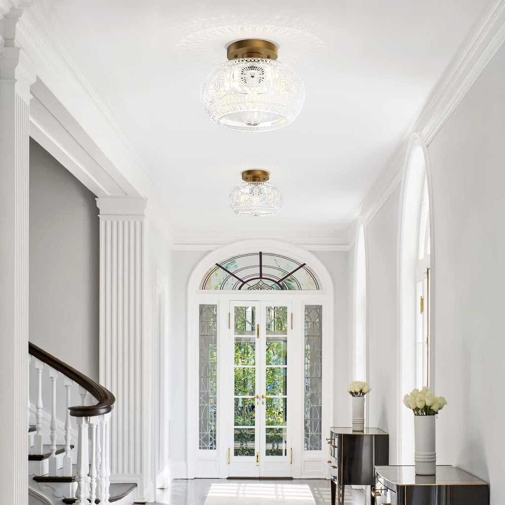 OYKYOHEI Semi Flush Mount Ceiling Light, Globe Glass Ceiling Light Fixture, Gold Modern Lighting for Hallway Porch Corridor Kitchen Bedroom, Bulb Not Included