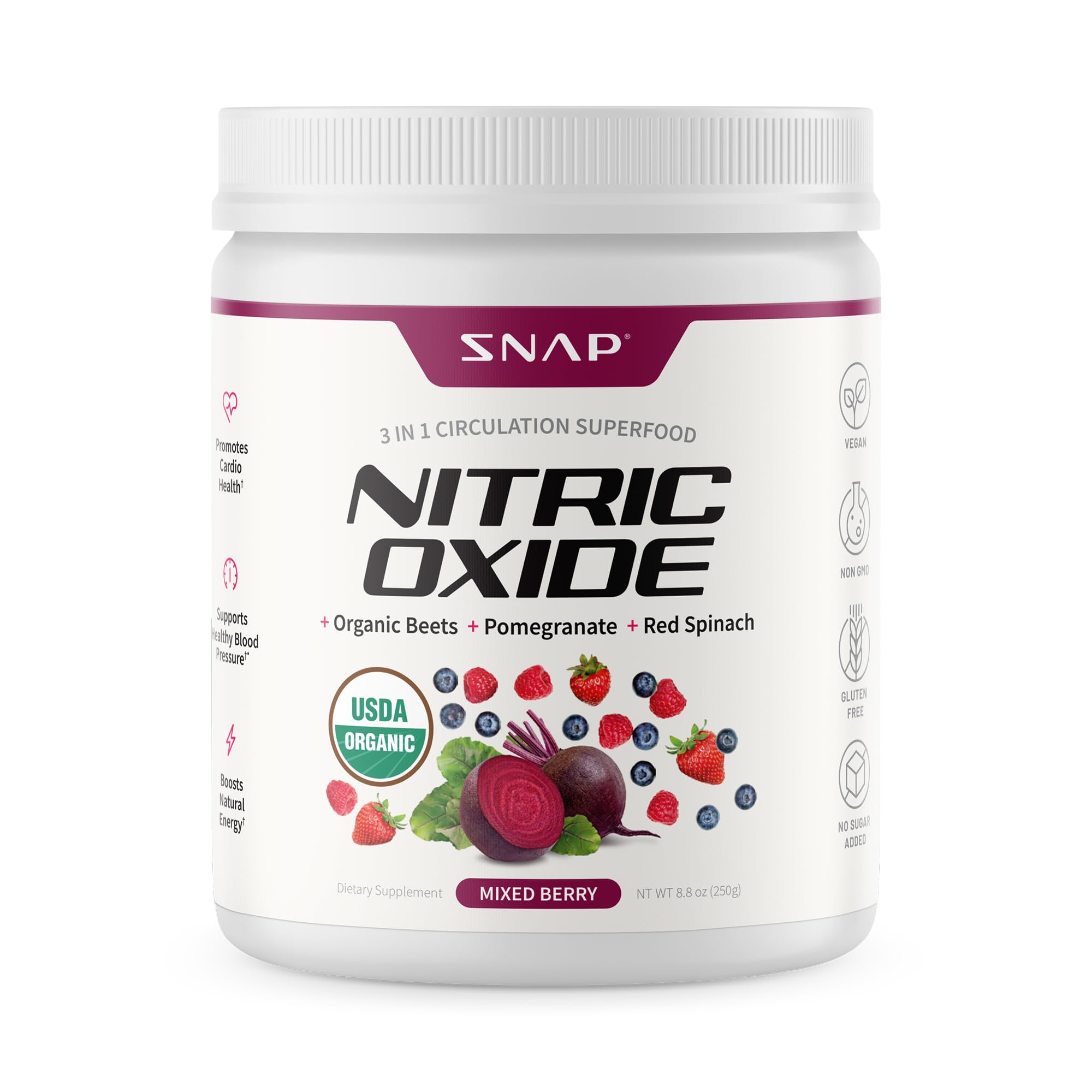 Snap Supplements USDA Organic Beet Root Powder Nitric Oxide Supplements for Men & Women with Pomegranate & Red Spinach, Supports Healthy Blood Flow & Caffeine-Free Energy, Mixed Berry, 30 Servings