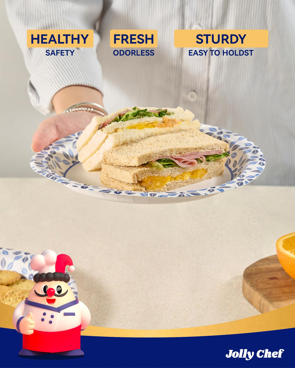 JOLLY CHEF 8.37 inch Disposable Paper Plates 140 Count Soak Proof, Cut Proof, Heavy Duty Printed Disposable Plate for Everyday Use
